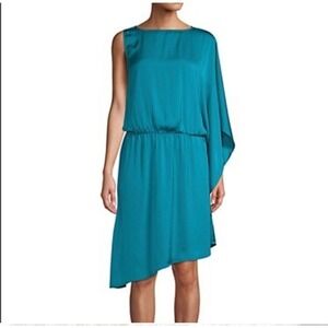 Ava‎ & Aiden Medium Teal Asymmetrical One Sleeve Elastic Waist Knee Length Dress